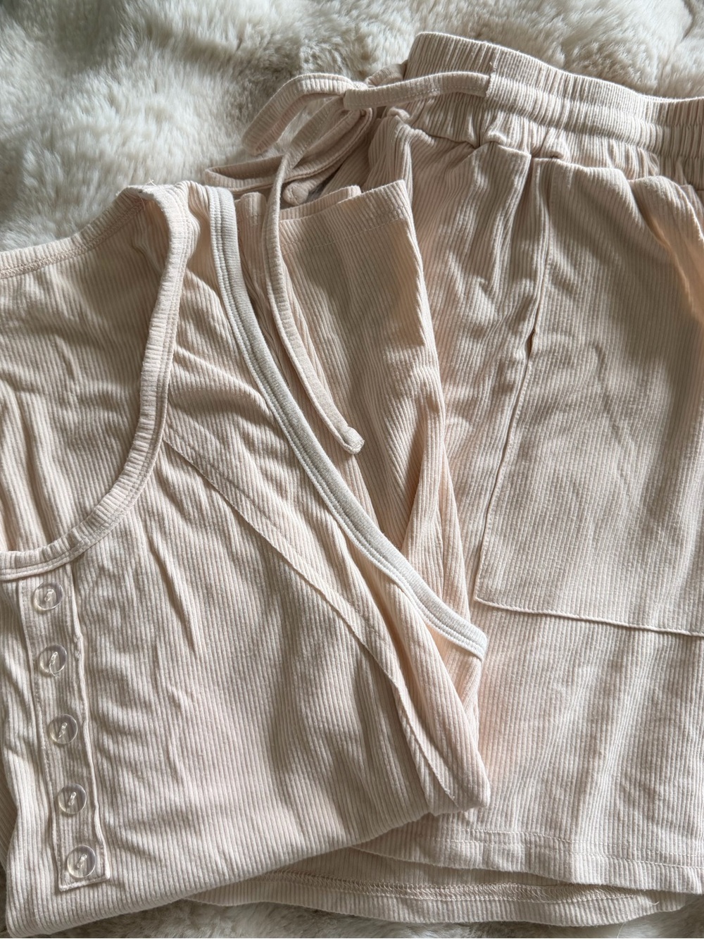 Ribbed Button Tank & Lounge Shorts Set - Cream